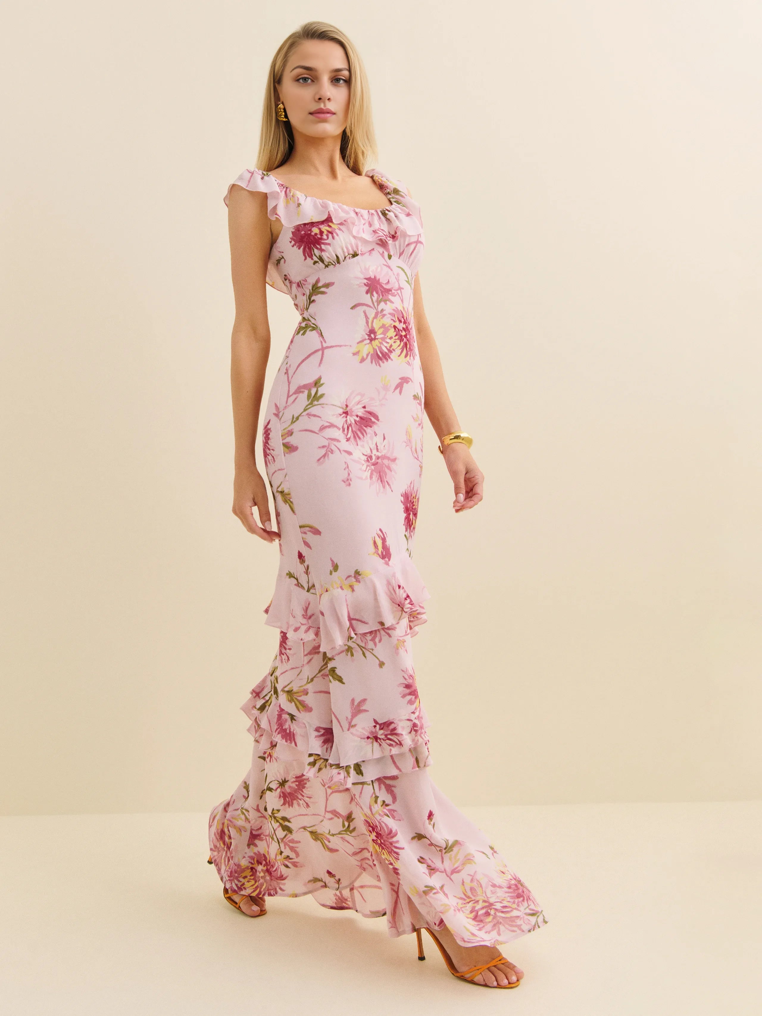 Weitese Dress Vintage Round Neck Cap Sleeve Mermaid Prom Dress Maxi Dress Sheath Backless Flower Printed Evening Dress